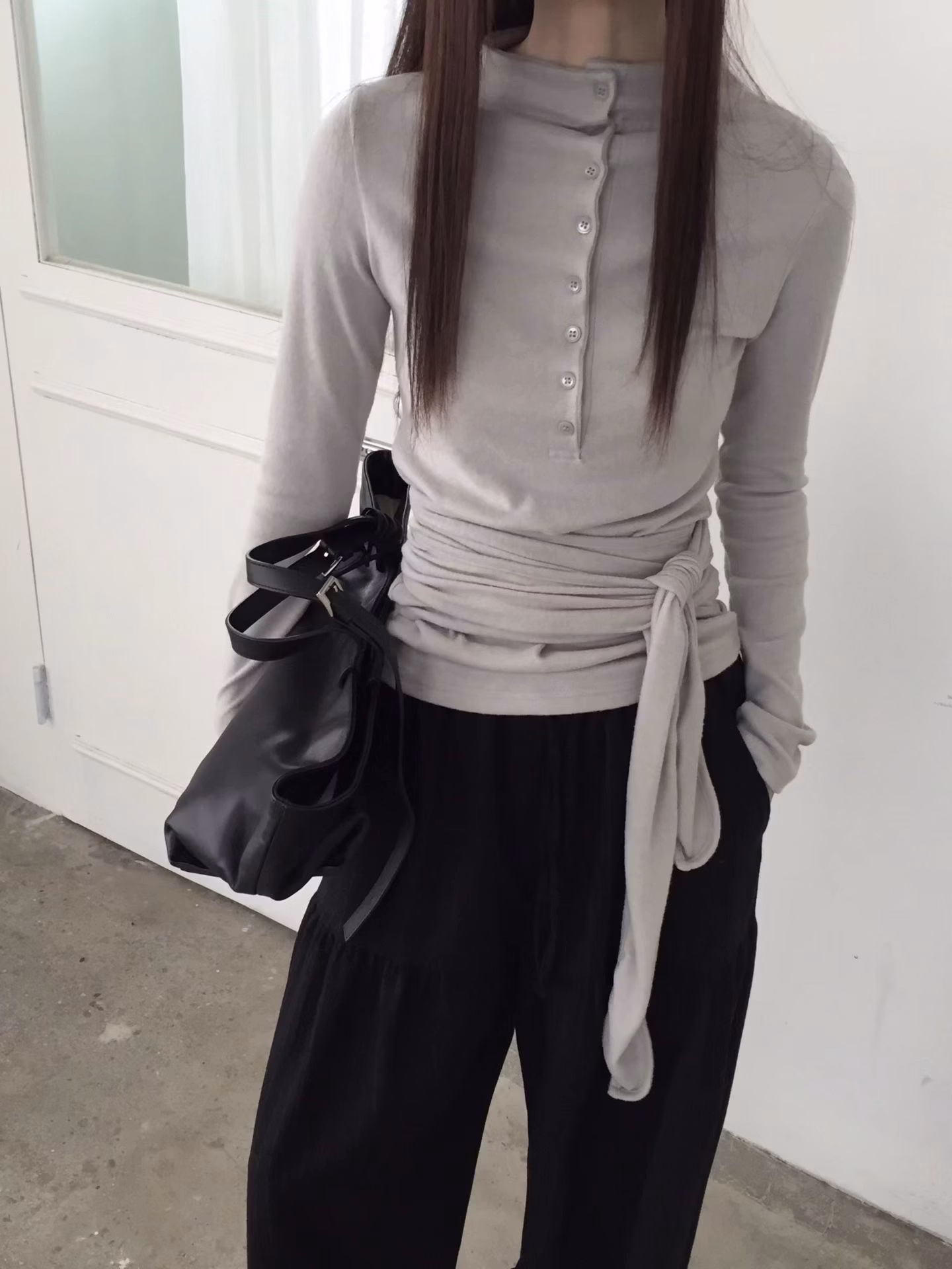 立領排扣腰綁帶上衣：圖片 2