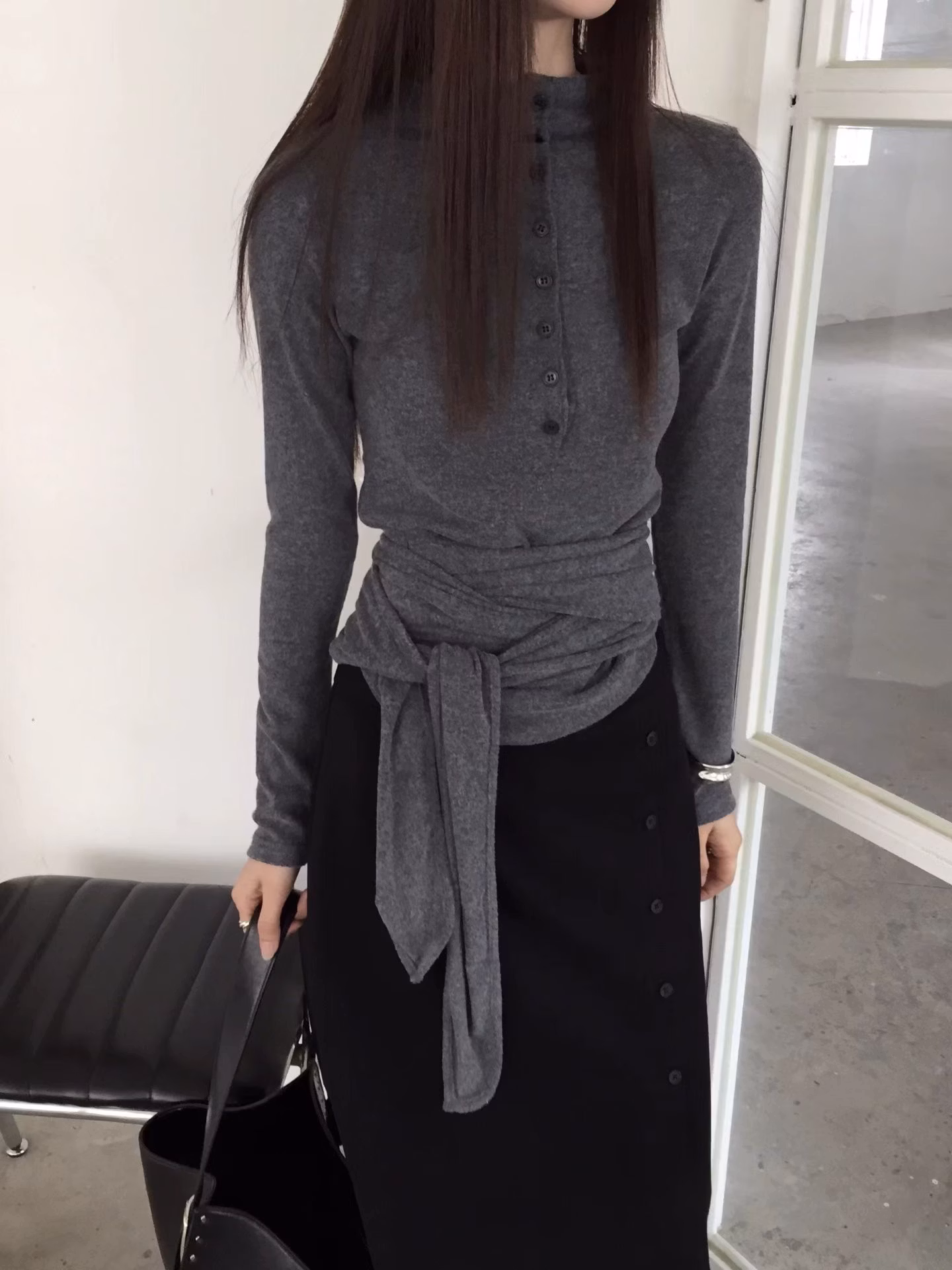 立領排扣腰綁帶上衣：圖片 3
