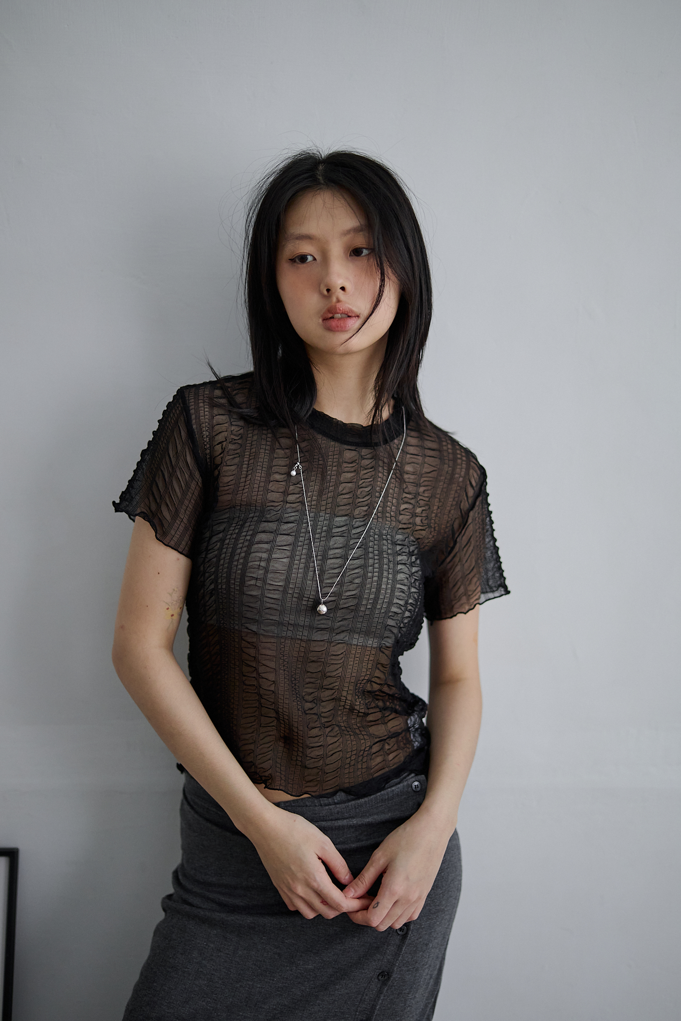 抓皺彈性透膚上衣：圖片 3
